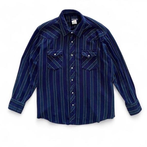 Vintage Wrangler Blue Green Stripe Flannel Button-Up with pearl snaps size XXL - Picture 1 of 6